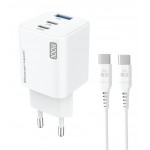 Powertech PT-1671 Φορτιστής GaN με Θύρα USB-A και 2 Θύρες USB-C και Καλώδιο USB-C - USB-C 100W Power Delivery / Quick Charge 3.0 Λευκός