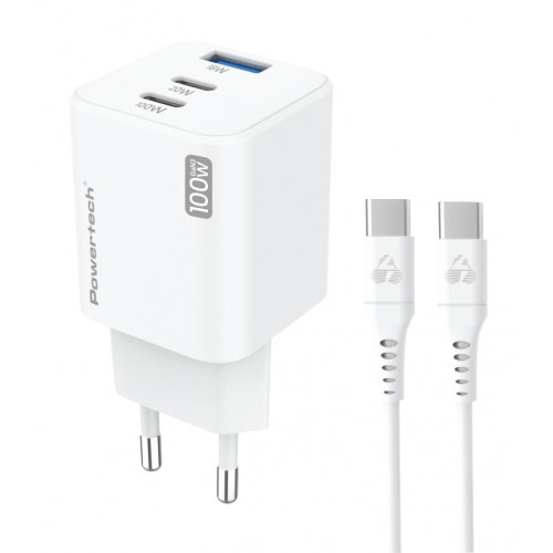 Powertech PT-1671 Φορτιστής GaN με Θύρα USB-A και 2 Θύρες USB-C και Καλώδιο USB-C - USB-C 100W Power Delivery / Quick Charge 3.0 Λευκός