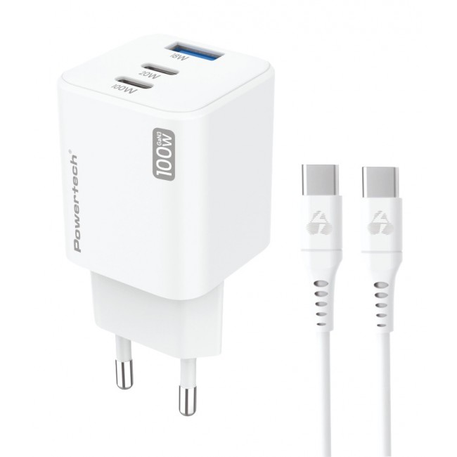 Powertech PT-1671 Φορτιστής GaN με Θύρα USB-A και 2 Θύρες USB-C και Καλώδιο USB-C - USB-C 100W Power Delivery / Quick Charge 3.0 Λευκός