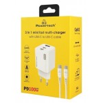 Powertech PT-1671 Φορτιστής GaN με Θύρα USB-A και 2 Θύρες USB-C και Καλώδιο USB-C - USB-C 100W Power Delivery / Quick Charge 3.0 Λευκός