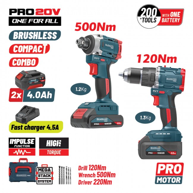 BORMANN Pro BBP5465X44T2CA Σετ Compact Brushless Κρουστικό Δραπανοκατσάβιδο & Μπουλονόκλειδο 2σε1*