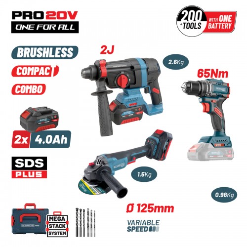 Bormann Pro BBP5436X44T3CA Σετ Γωνιακός Τροχός, Κρουστικό Δραπανοκατσάβιδο & Πιστολέτο Brushless 20V με 2 Μπαταρίες 4Ah και Θήκη *