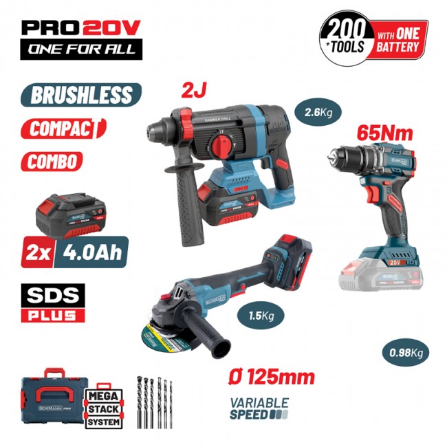 Bormann Pro BBP5436X44T3CA Σετ Γωνιακός Τροχός, Κρουστικό Δραπανοκατσάβιδο & Πιστολέτο Brushless 20V με 2 Μπαταρίες 4Ah και Θήκη * Bormann Pro BBP5436X44T3CA Σετ Γωνιακός Τροχός, Κρουστικό Δραπανοκατσάβιδο & Πιστολέτο Brushless 20V με 2 Μπαταρίες 4Ah και Θήκη *