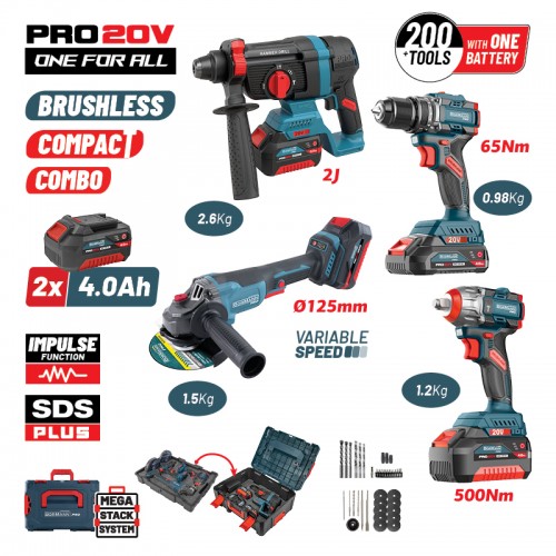 Bormann Pro BBP5438X44T4CA Σετ Γωνιακός Τροχός, Κρουστικό Δραπανοκατσάβιδο, Μπουλονόκλειδο & Πιστολέτο Brushless 20V με 2 Μπαταρίες 4Ah και Θήκη *