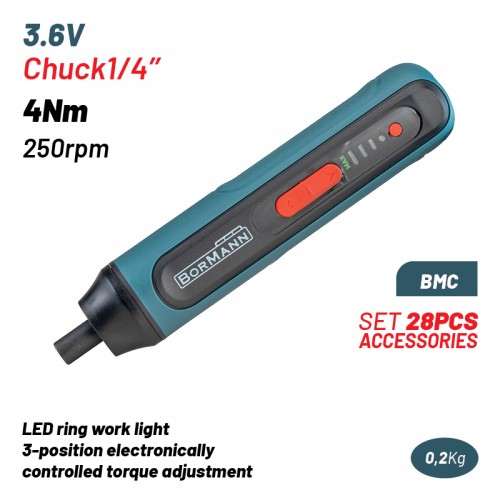 BORMANN BCD1051CA Κατσαβίδι Μπαταρίας 3.6V,Li-Ion,4Nm,250rpm,3 Θέσεις Ροπής,Led,BMC,Σετ 28 Αξεσουάρ *