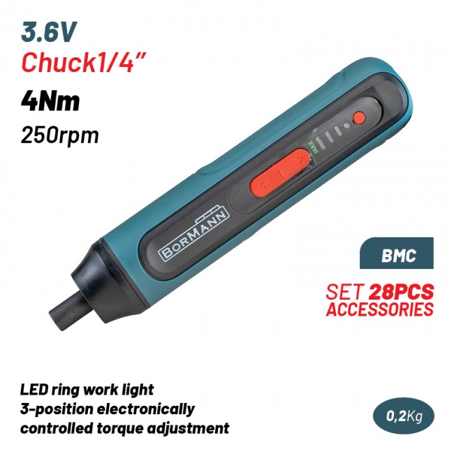 BORMANN BCD1051CA Κατσαβίδι Μπαταρίας 3.6V,Li-Ion,4Nm,250rpm,3 Θέσεις Ροπής,Led,BMC,Σετ 28 Αξεσουάρ * BORMANN BCD1051CA Κατσαβίδι Μπαταρίας 3.6V,Li-Ion,4Nm,250rpm,3 Θέσεις Ροπής,Led,BMC,Σετ 28 Αξεσουάρ *