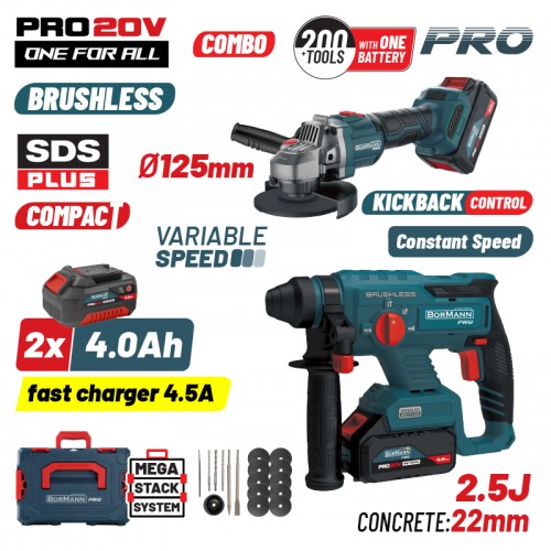 Bormann BBP5303X44Τ2CA Σετ Πνευματικό Σκαπτικό & Γωνιακός Τροχός Μπαταρίας Brushless 20V Li-Ion σε Βαλίτσα μεταφοράς (2x4.0Ah) *