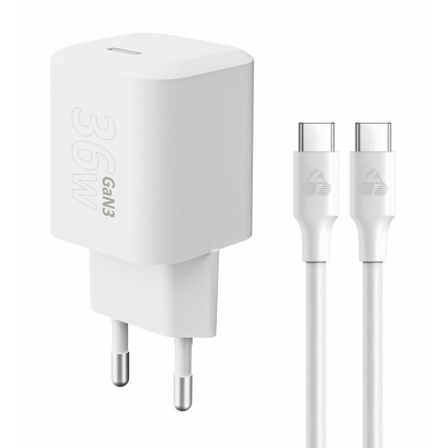 Powertech PT-1350 Φορτιστής GaN με Θύρα USB-C και Καλώδιο USB-C - USB-C 36W Quick Charge 3.0 Λευκός 