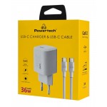 Powertech PT-1350 Φορτιστής GaN με Θύρα USB-C και Καλώδιο USB-C - USB-C 36W Quick Charge 3.0 Λευκός 