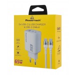 Powertech PT-1415 Φορτιστής GaN με Θύρα USB-A και 2 Θύρες USB-C και Καλώδιο USB-C - USB-C 65W Power Delivery Λευκός