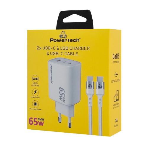 Powertech PT-1415 Φορτιστής GaN με Θύρα USB-A και 2 Θύρες USB-C και Καλώδιο USB-C - USB-C 65W Power Delivery Λευκός