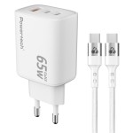 Powertech PT-1415 Φορτιστής GaN με Θύρα USB-A και 2 Θύρες USB-C και Καλώδιο USB-C - USB-C 65W Power Delivery Λευκός