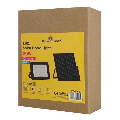 Powertech PT-1461 Στεγανός Ηλιακός Προβολέας με τηλεχειριστήριο, 30W, 4000K, 400lm, IP66