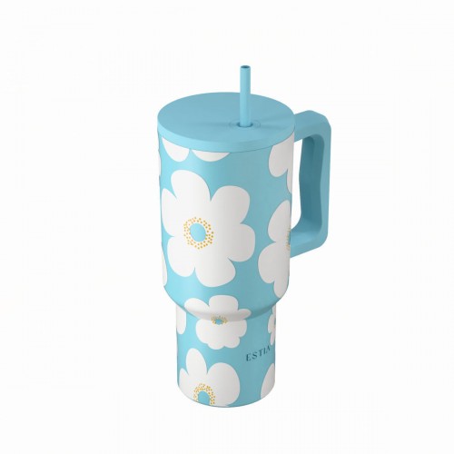 Estia 01-41618 Straw Tumbler XL Save The Aegean Ανακυκλώσιμο Handled Tumbler Θερμός Ανοξείδωτο BPA Free 900ml Blue Daisy με Καλαμάκι και Λαβή *