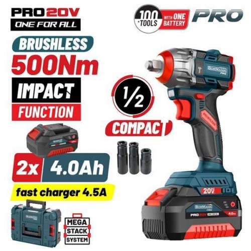 Bormann Pro BBP5422X44CA Brushless Μπουλονόκλειδο 500NM Μπαταρίας 20V 2x4Ah με Υποδοχή 1/2" *