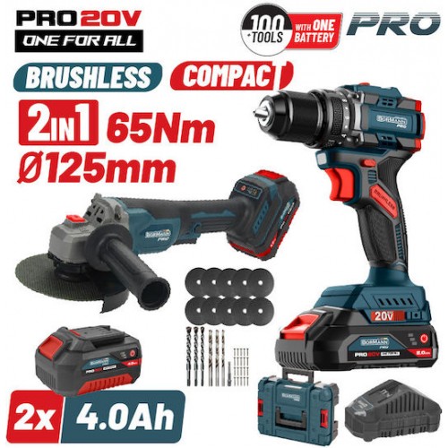 Bormann Pro BBP5433X44T2CA Σετ Compact Brushless Κρουστικό Δραπαν/βιδο 65Νm & Γωνιακός Τροχός, ΒMC *