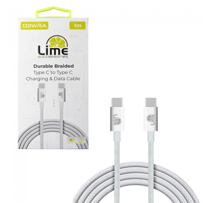 Lime Successories Lime USB-C Type C To USB-C Type C 6A ΦΟΡΤΙΣΗΣ-Data Durable Braided 1m LBCC02 120W WHITE