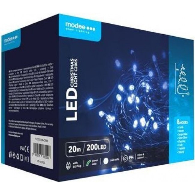 Modee Lighting Χριστουγεννιάτικα Λαμπάκια LED με Τροφοδοτικό (200LED/20m/10cm) Ψυχρό Λευκό