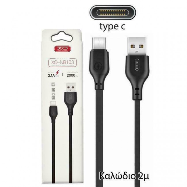 XO NB103 Flat USB 2.0 Cable USB-C male - USB-A Μαύρο 2m (16.005.0071)