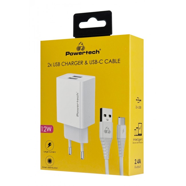 Powertech PT-1324 Φορτιστής με 2 Θύρες USB-A και Καλώδιο USB-C 12W Λευκός **