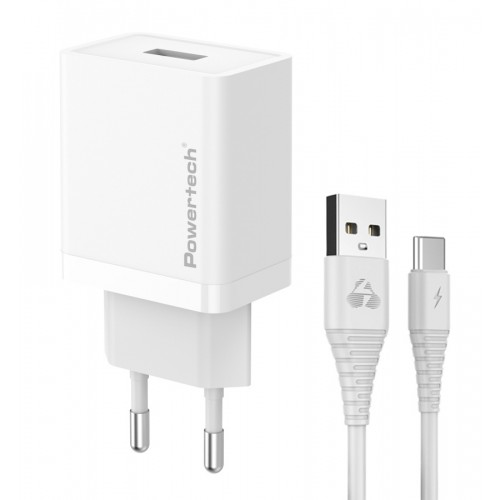 Powertech PT-1322 Φορτιστής με Θύρα USB-A και Καλώδιο USB-C 12W Λευκός **