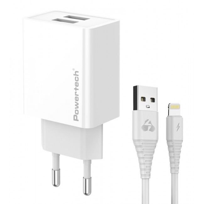 POWERTECH PT-1325 φορτιστής τοίχου με καλώδιο Lightning, 2x USB, 12W, λευκός 