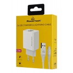 POWERTECH PT-1325 φορτιστής τοίχου με καλώδιο Lightning, 2x USB, 12W, λευκός 