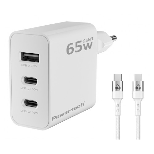 Powertech PT-1378 Φορτιστής GaN με Θύρα USB-A και 2 Θύρες USB-C και Καλώδιο USB-C - USB-C 65W Λευκός **