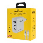 Powertech PT-1378 Φορτιστής GaN με Θύρα USB-A και 2 Θύρες USB-C και Καλώδιο USB-C - USB-C 65W Λευκός **