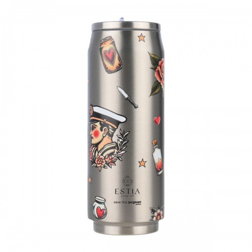 Estia 01-31282 Travel Cup Save the Aegean Ανακυκλώσιμο Μπουκάλι Θερμός Ανοξείδωτο / Πλαστικό BPA Free 500ml Old School με Καλαμάκι *