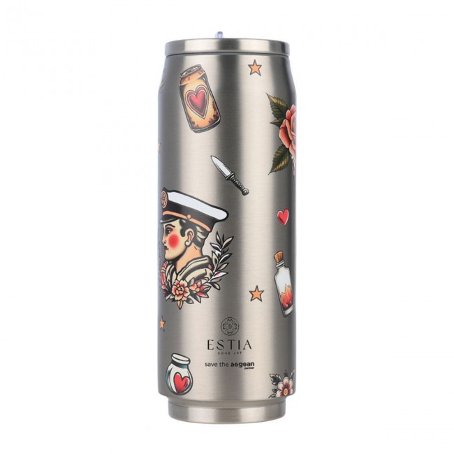 Estia 01-31282 Travel Cup Save the Aegean Ανακυκλώσιμο Μπουκάλι Θερμός Ανοξείδωτο / Πλαστικό BPA Free 500ml Old School με Καλαμάκι *