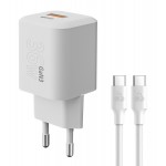 Powertech PT-1351 Φορτιστής GaN με Θύρα USB-A και Θύρα USB-C και Καλώδιο USB-C - USB-C 36W Power Delivery / Quick Charge 3.0 Λευκός