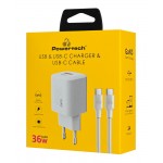 Powertech PT-1351 Φορτιστής GaN με Θύρα USB-A και Θύρα USB-C και Καλώδιο USB-C - USB-C 36W Power Delivery / Quick Charge 3.0 Λευκός