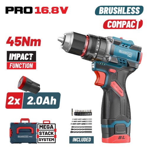 BORMANN Pro BBP1645X22CA Δραπανοκατσάβιδο Κρουστικό Compact,Brushless Mπαταρίας 2x2Ah,45Nm *