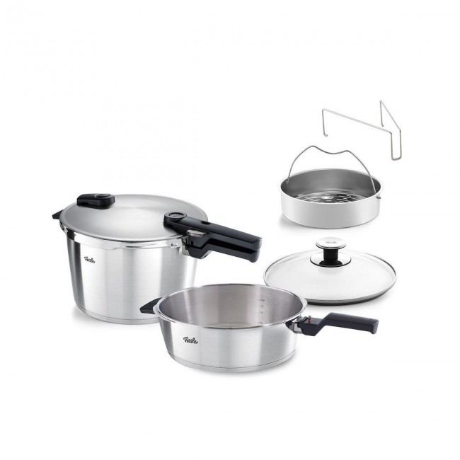 Fissler Vitaquick Premium Χύτρα Ταχύτητας Set Quattro 8lt και 4lt με Καλάθι Ατμού & Γυάλινο Καπάκι 60281011090 *