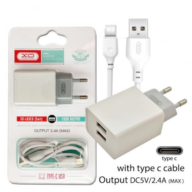 XO L65EU 2.4A Διπλής Θύρας USB Φορτιστής και Καλώδιο USB-C 