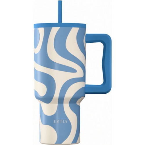 Estia 01- 41571 Straw Tumbler XL Save The Aegean Ανακυκλώσιμο Handled Tumbler Θερμός Ανοξείδωτο BPA Free 900ml Ocean Waves με Καλαμάκι και Λαβή *