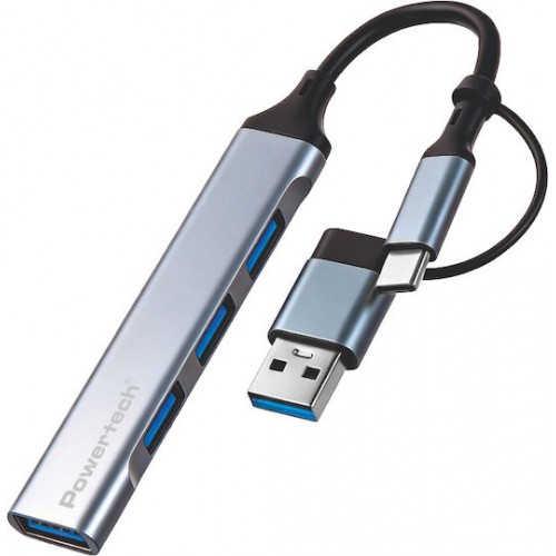 POWERTECH PTR-0206 USB hub , 4x θυρών, USB 3.0, 5Gbps, USB & USB-C σύνδεση, γκρι