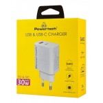 POWERTECH PT-1433 φορτιστής τοίχου , USB/USB-C, 30W, GaN, λευκός