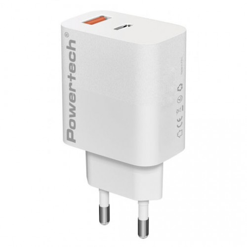 POWERTECH PT-1433 φορτιστής τοίχου , USB/USB-C, 30W, GaN, λευκός