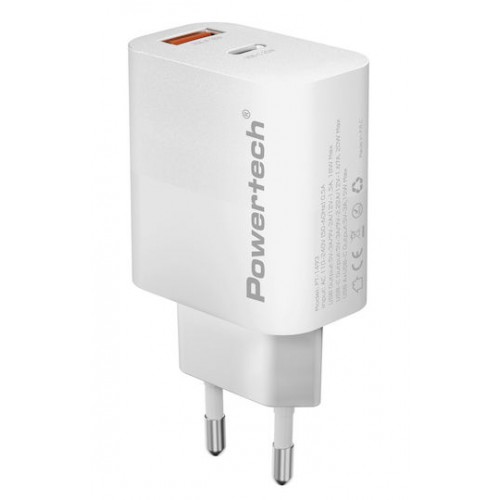 POWERTECH  PT-1493 φορτιστής τοίχου, USB/USB-C, 20W, λευκός