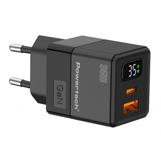 POWERTECH PT-1499 φορτιστής τοίχου με οθόνη, USB/USB-C, 35W, GaN, μαύρος