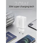 Powertech PT-1043 Λευκός Φορτιστής Τοίχου USB-C PD QC3.0 30W **