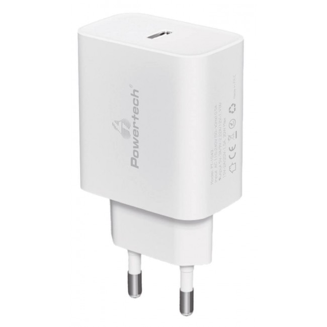 Powertech PT-1043 Λευκός Φορτιστής Τοίχου USB-C PD QC3.0 30W **