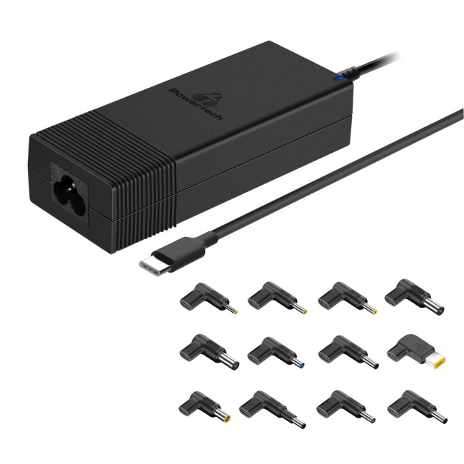 POWERTECH PT-1256 μαύρος φορτιστής laptop με 12 βύσματα, USB-C PD, 90W