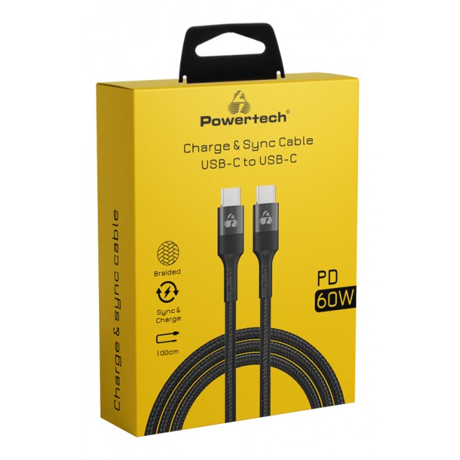 Powertech PTR-0130 Braided USB 3.0 Cable USB-C male - USB-C 60W Μαύρο 1m **