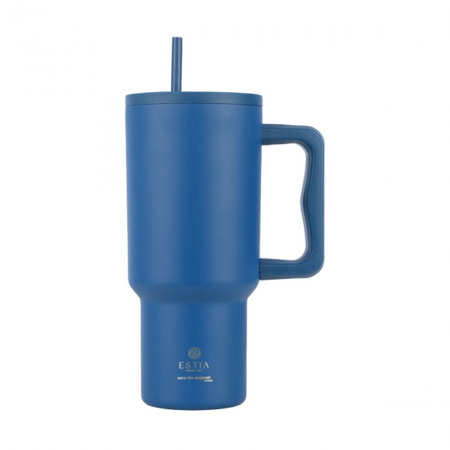 Estia 01-32166 Straw Tumbler XL Save the Aegean Ανακυκλώσιμο Handled Tumbler Θερμός Ανοξείδωτο BPA Free 900ml Denim Blue με Καλαμάκι και Λαβή*