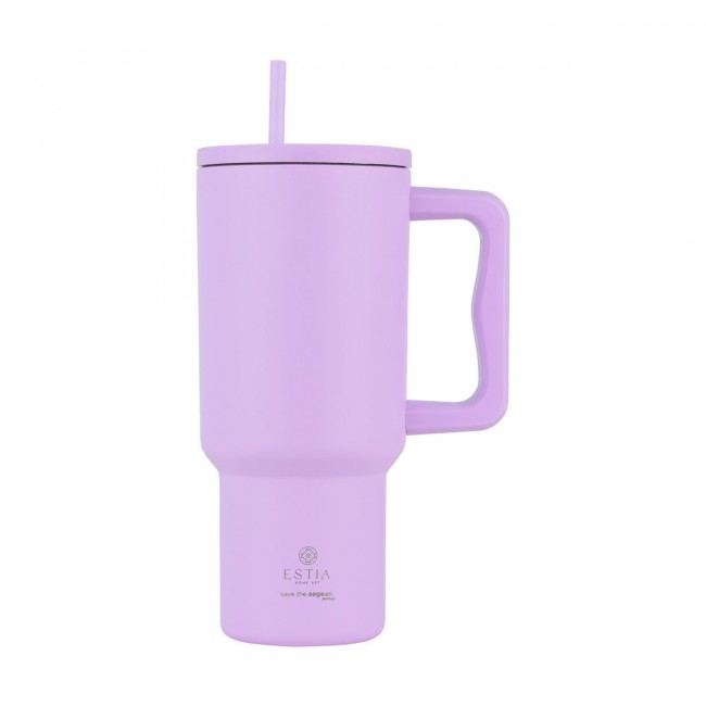 Estia 01-32159 Straw Tumbler XL Save the Aegean Ανακυκλώσιμο Handled Tumbler Θερμός Ανοξείδωτο BPA Free 900ml Lavender Purple με Καλαμάκι και Λαβή*