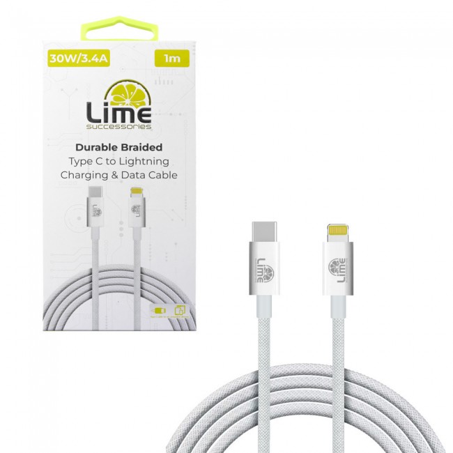 LIME LIGHTNING TO USB-C 3.4A ΦΟΡΤΙΣΗΣ-DATA DURABLE BRAIDED 1m LBCL01 30W WHITE*