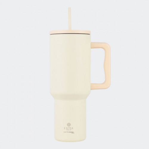 Estia 01-32128 Straw Tumbler XL Save the Aegean Ανακυκλώσιμο Handled Tumbler Θερμός Ανοξείδωτο BPA Free 900ml Lily White με Καλαμάκι και Λαβή*